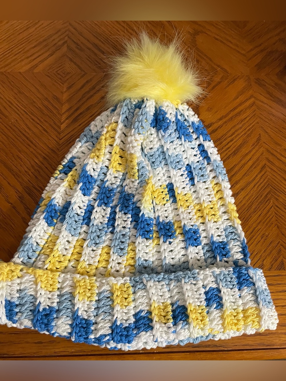 Handmade Blue, White & Yellow Pom Pom Knit Beanie for Women